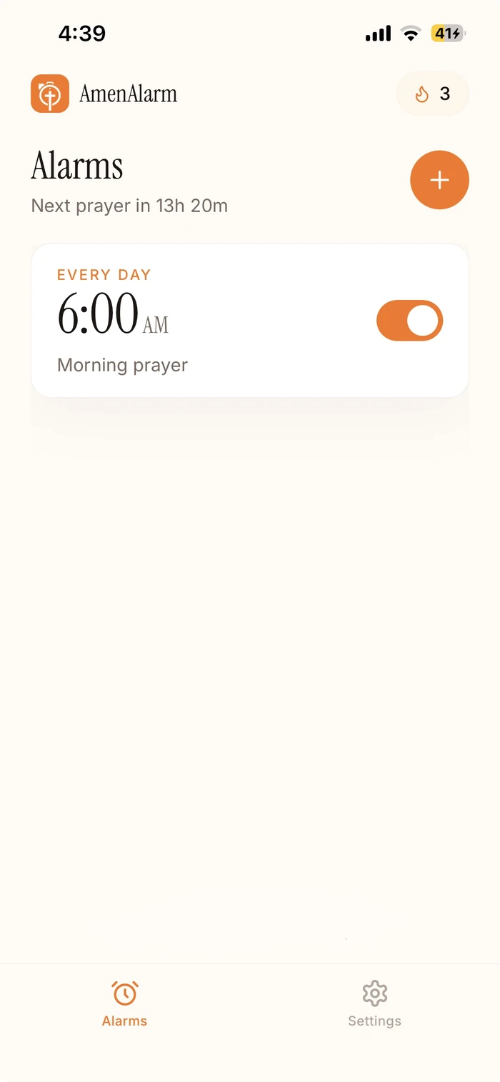 The alarm list: a 6:00 AM alarm labelled Morning prayer, repeating every day and switched on.