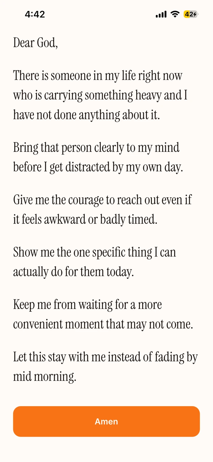The prayer screen: a prayer beginning Dear God, set one petition per line, with an Amen button at the bottom.